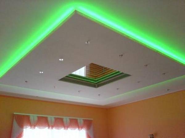 Применение неоновой подсветки для натяжных потолков с фото